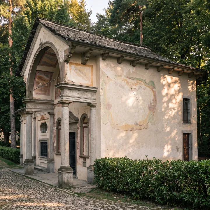 Eine Kapelle des Sacro Monte di Orta zwischen den Bäumen